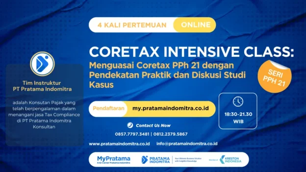 Promotional poster for Coretax Intensive Class online: four online sessions, 18:30–21:30 WIB, registration at my.pratamaindomitra.co.id.